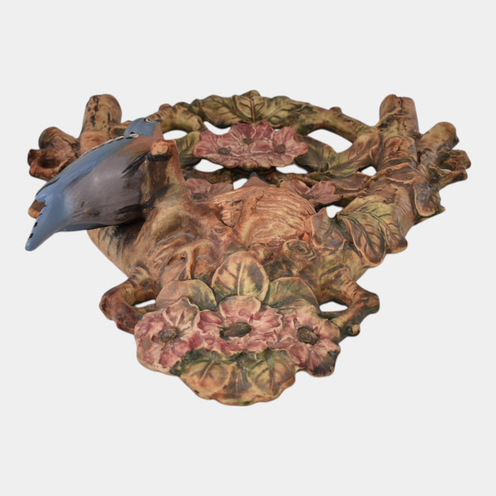 Weller Woodcraft 1920s Pottery Nesting Blue Birds And Red Flower Wall Hanging
