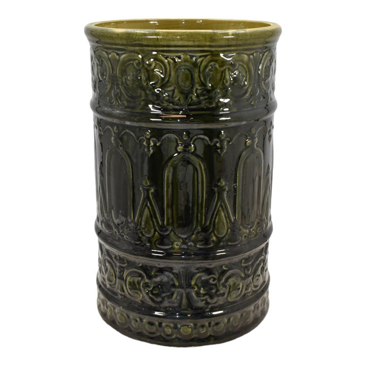 Roseville Blended Majolica Green 1900s Vintage Pottery Ceramic Umbrella Stand - Just Art Pottery