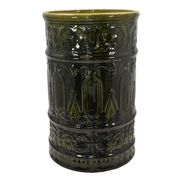 Roseville Blended Majolica Green 1900s Vintage Pottery Ceramic Umbrella Stand - Just Art Pottery