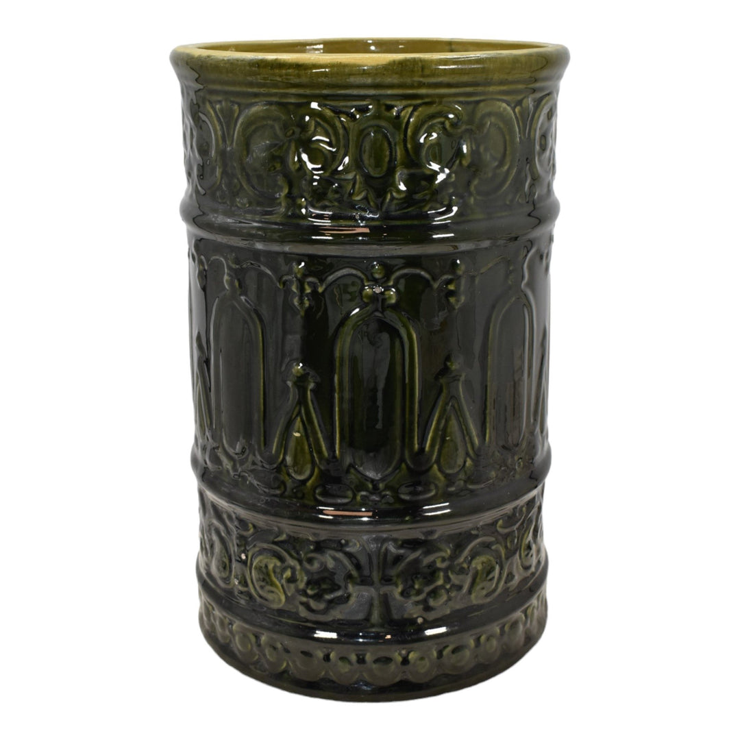 Roseville Blended Majolica Green 1900s Vintage Pottery Ceramic Umbrella Stand - Just Art Pottery