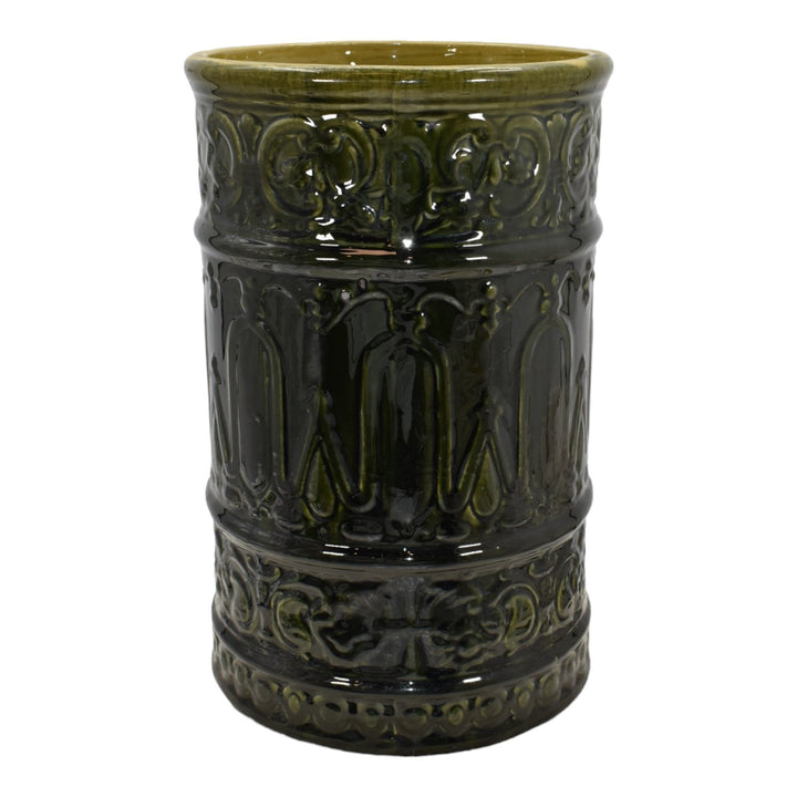 Roseville Blended Majolica Green 1900s Vintage Pottery Ceramic Umbrella Stand - Just Art Pottery
