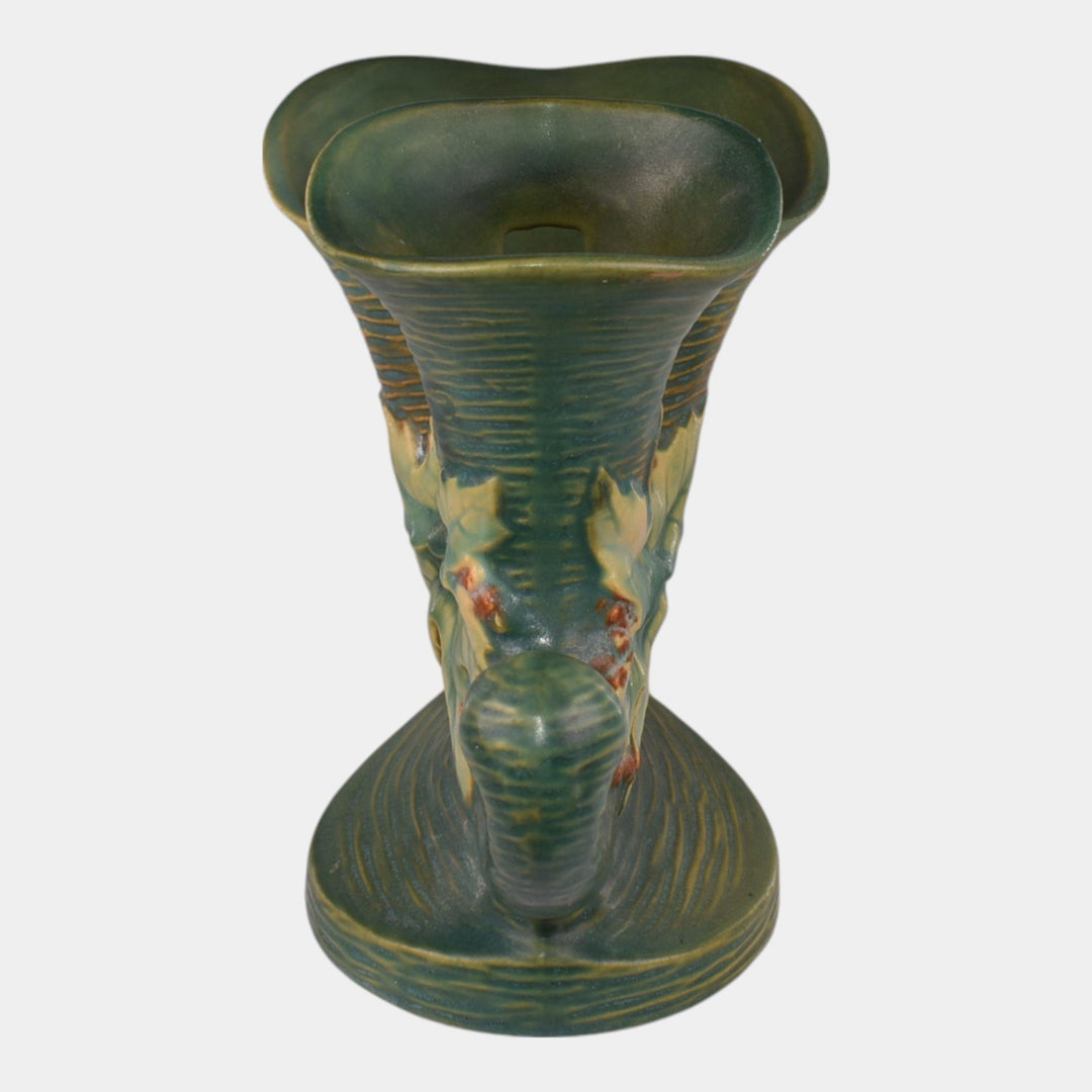Roseville Bushberry Green 1941 Vintage Art Pottery Double Cornucopia Vase 155-8