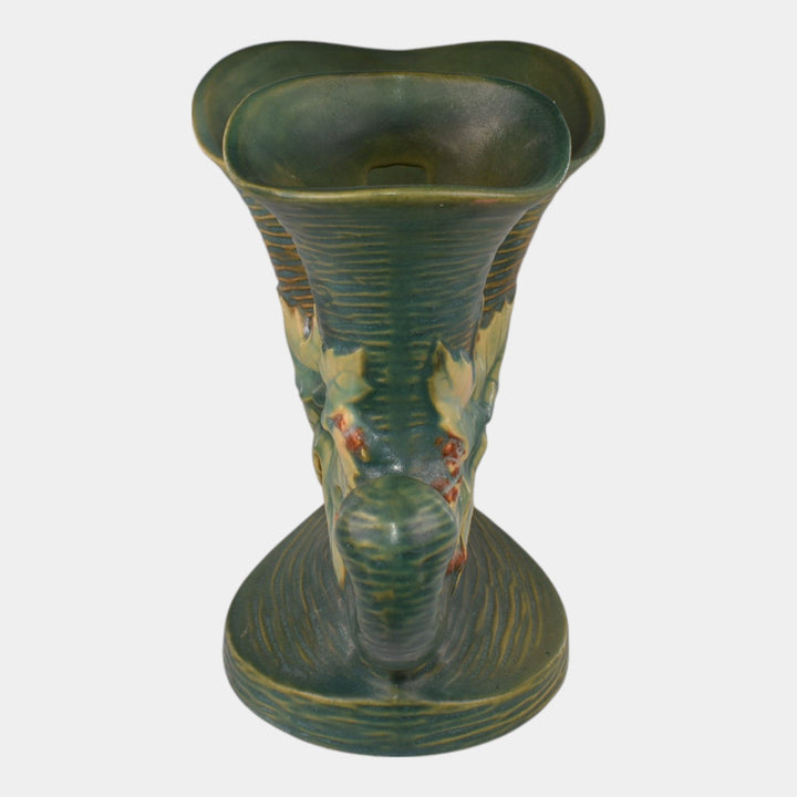 Roseville Bushberry Green 1941 Vintage Art Pottery Double Cornucopia Vase 155-8