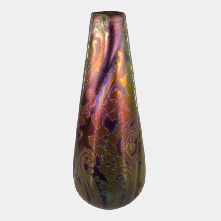 Weller Sicard 1902-07 Art Nouveau Pottery Iridescent Luster Floral Twist Vase - Just Art Pottery