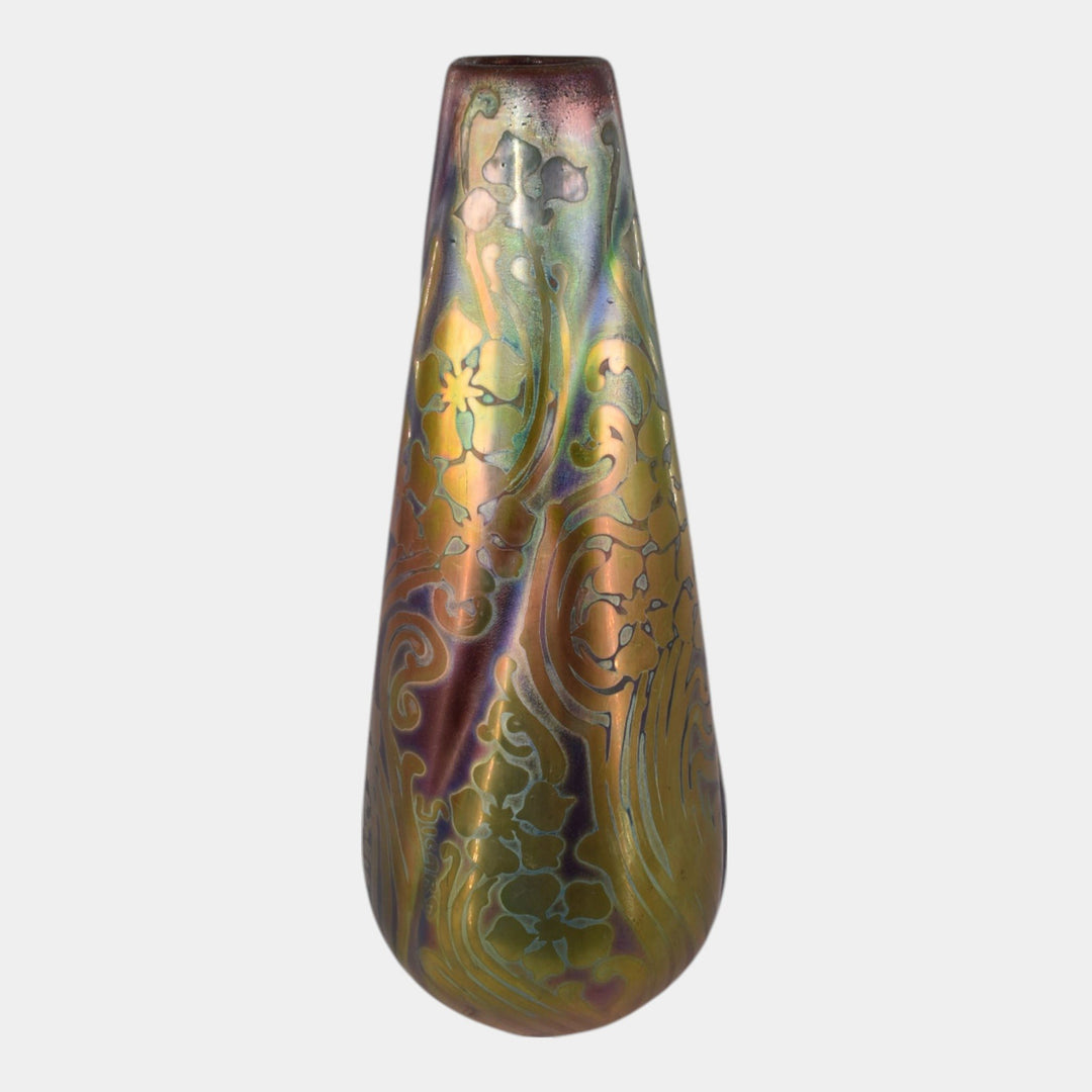 Weller Sicard 1902-07 Art Nouveau Pottery Iridescent Luster Floral Twist Vase - Just Art Pottery
