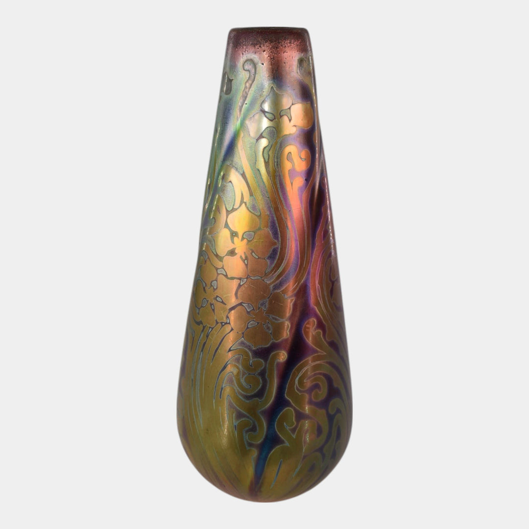 Weller Sicard 1902-07 Art Nouveau Pottery Iridescent Luster Floral Twist Vase - Just Art Pottery