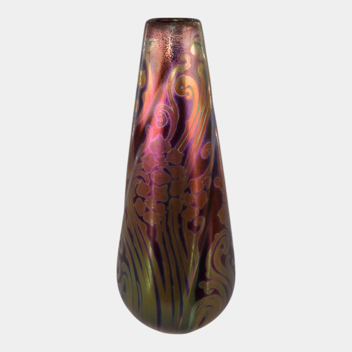 Weller Sicard 1902-07 Art Nouveau Pottery Iridescent Luster Floral Twist Vase - Just Art Pottery