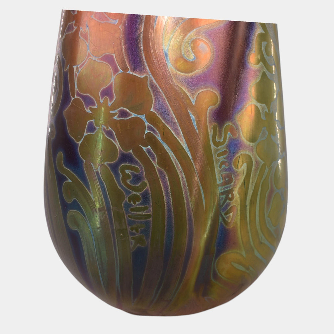 Weller Sicard 1902-07 Art Nouveau Pottery Iridescent Luster Floral Twist Vase - Just Art Pottery