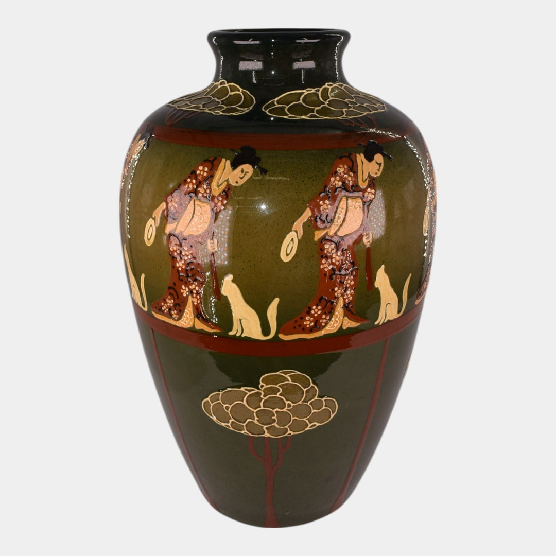 Weller Pottery Rhead Faience Cat Oriental Woman Green Vase 82