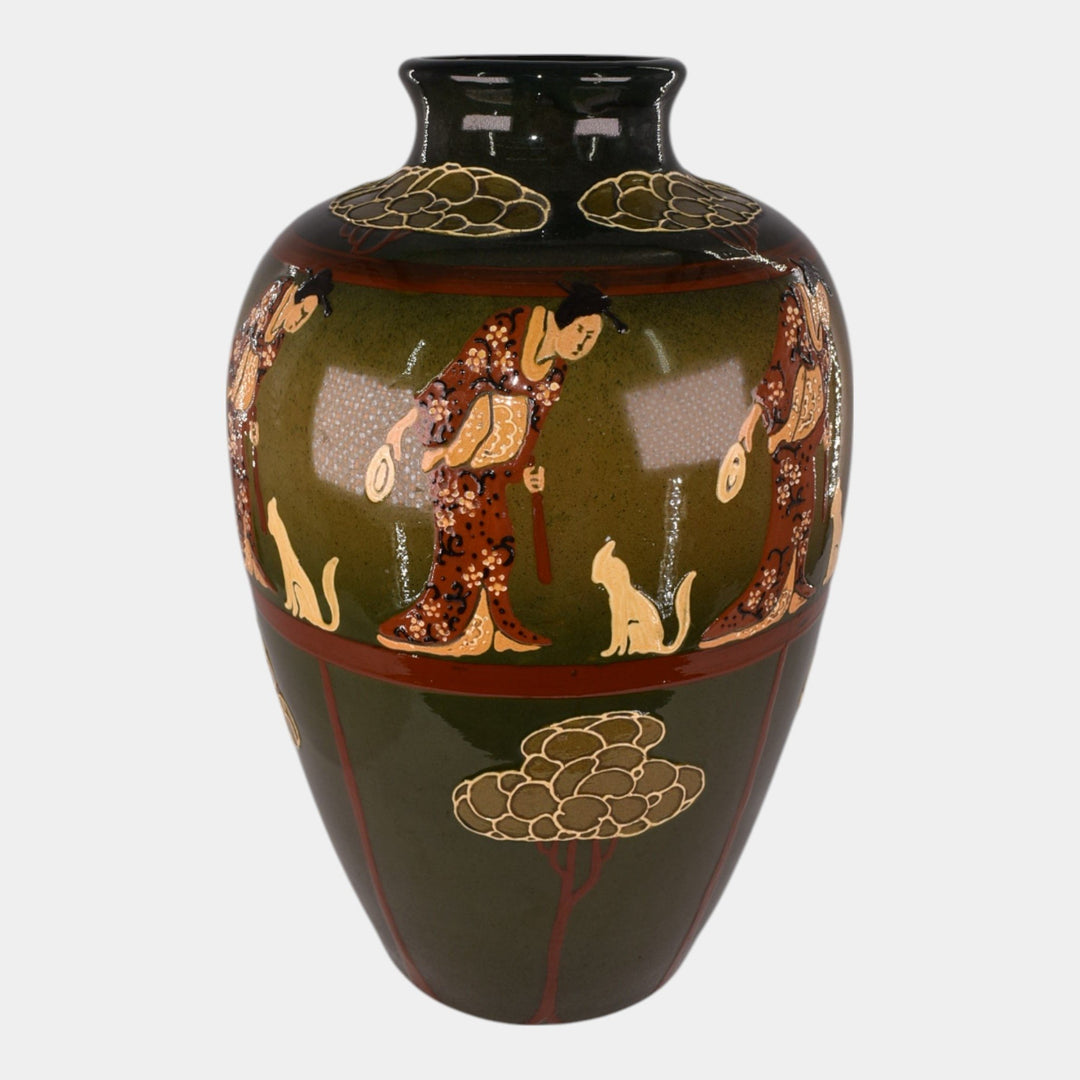 Weller Pottery Rhead Faience Cat Oriental Woman Green Vase 82