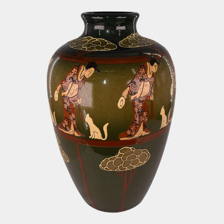 Weller Pottery Rhead Faience Cat Oriental Woman Green Vase 82