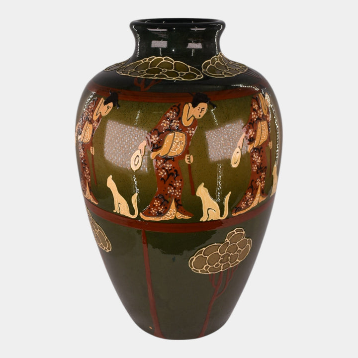 Weller Pottery Rhead Faience Cat Oriental Woman Green Vase 82