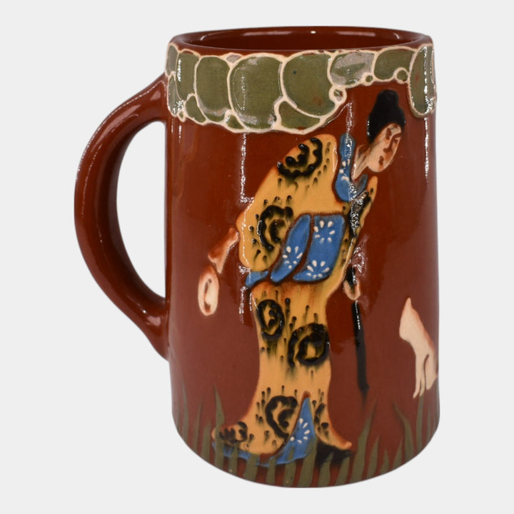Weller Pottery Rhead Faience Birdimal Cat with Oriental Woman Mug 462 - Just Art Pottery