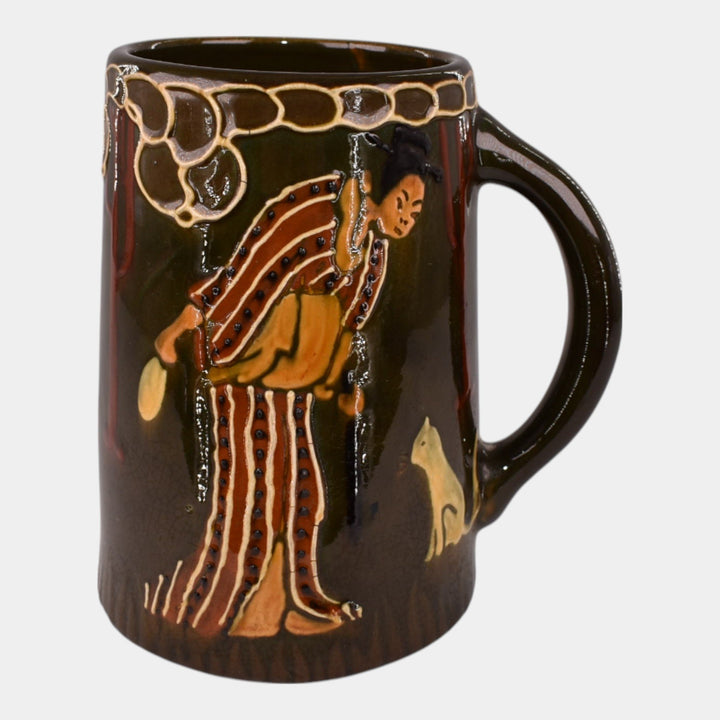 Weller Pottery Rhead Faience Birdimal Oriental Woman Cat Mug 462 - Just Art Pottery