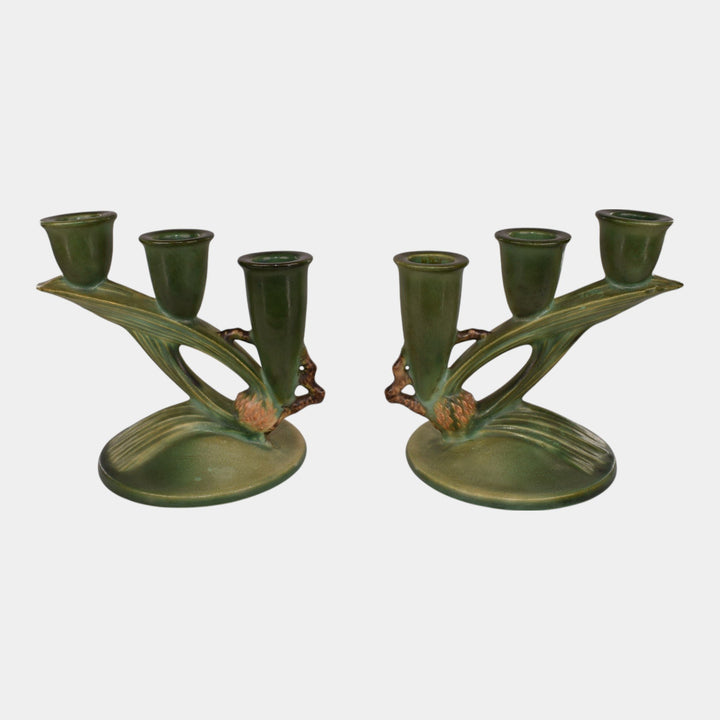 Roseville Pine Cone Green 1930s Vintage Art Pottery Triple Candle Holders 1106-5