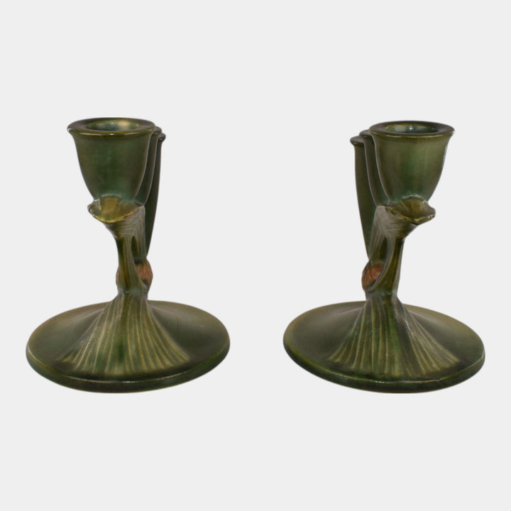 Roseville Pine Cone Green 1930s Vintage Art Pottery Triple Candle Holders 1106-5
