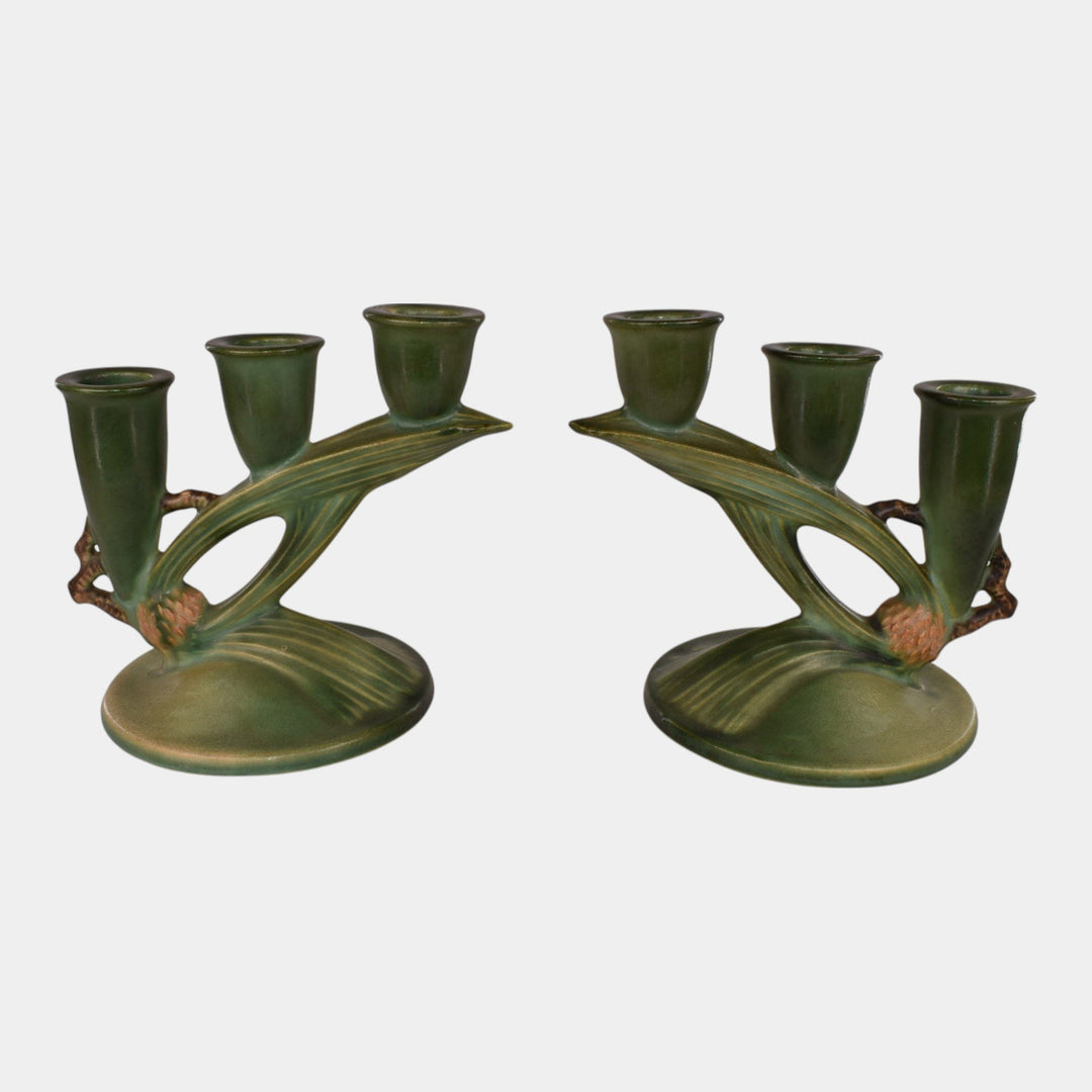 Roseville Pine Cone Green 1930s Vintage Art Pottery Triple Candle Holders 1106-5