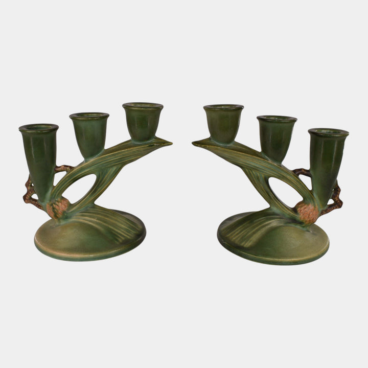 Roseville Pine Cone Green 1930s Vintage Art Pottery Triple Candle Holders 1106-5