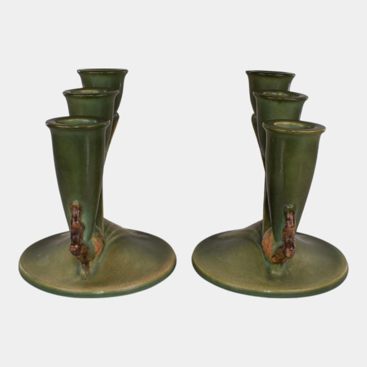 Roseville Pine Cone Green 1930s Vintage Art Pottery Triple Candle Holders 1106-5