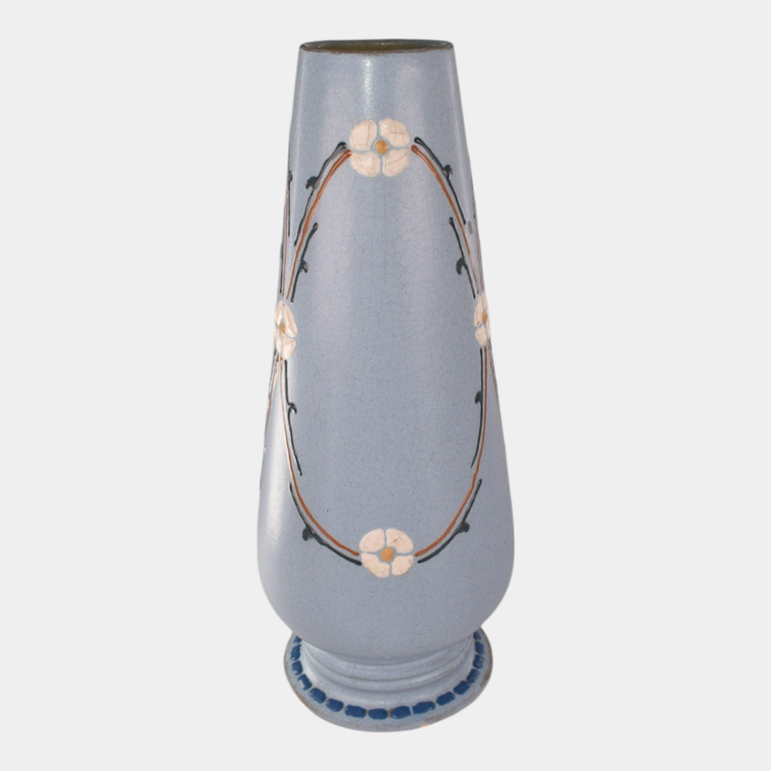 Roseville Aztec 1905 Pottery Blue Squeeze Bag Design Floral Vase 2-11