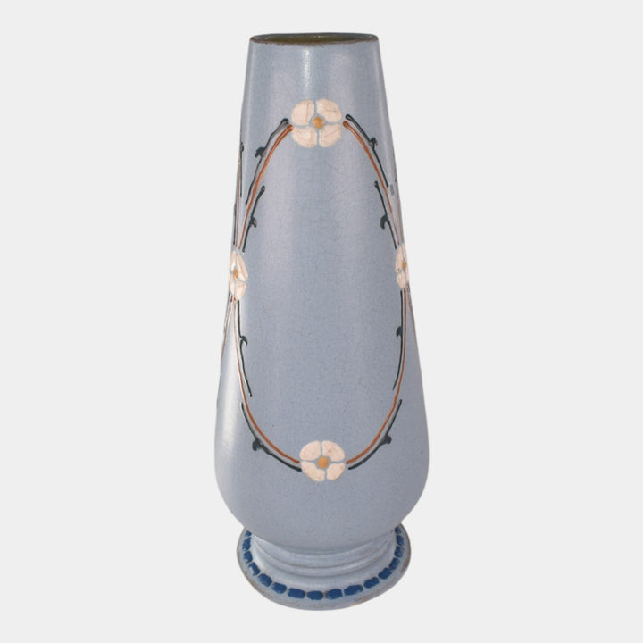 Roseville Aztec 1905 Pottery Blue Squeeze Bag Design Floral Vase 2-11