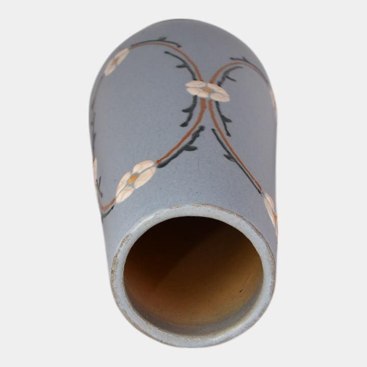 Roseville Aztec 1905 Pottery Blue Squeeze Bag Design Floral Vase 2-11