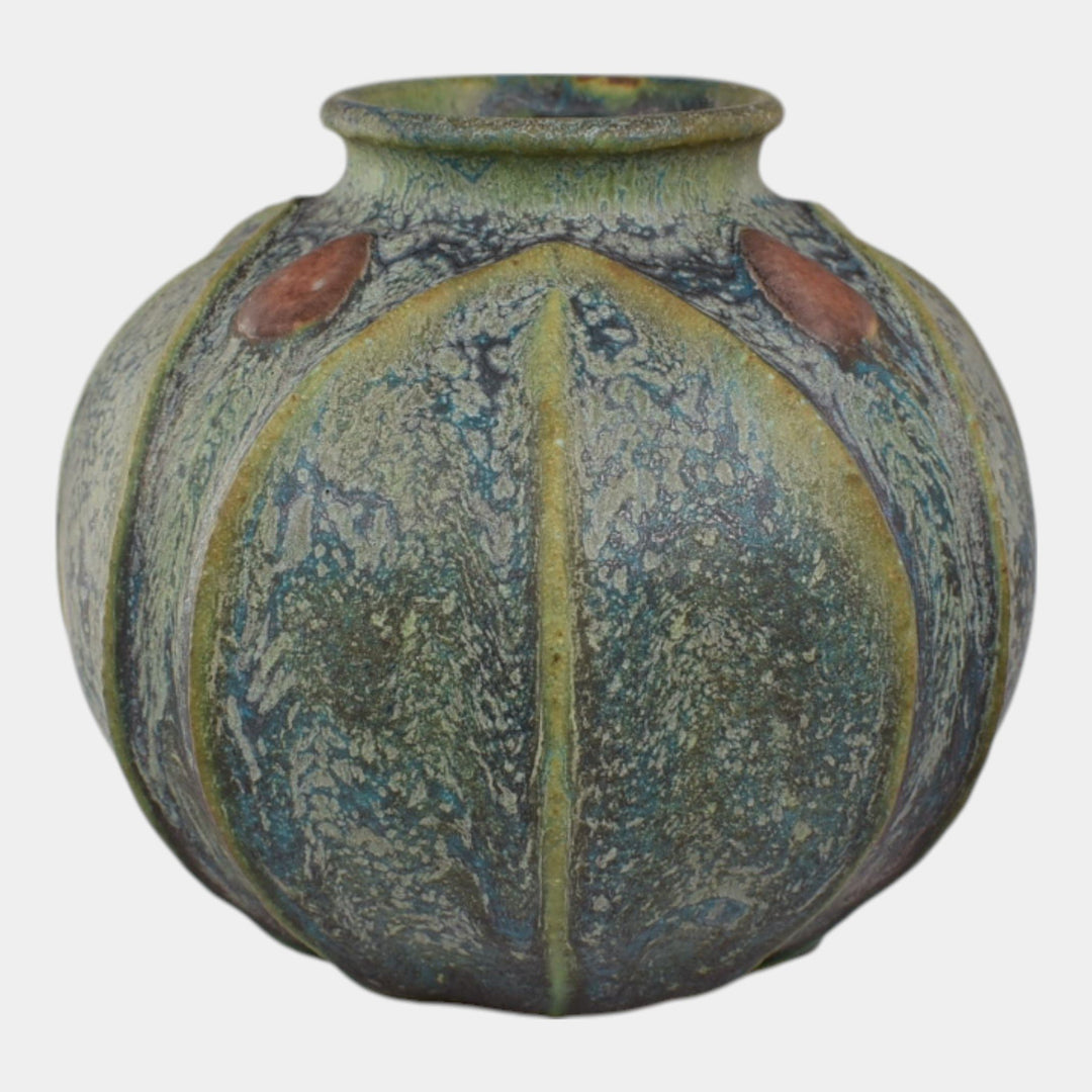 Jemerick Studio Pottery 1999 Arts And Crafts Mottled Green Bulbous Vase