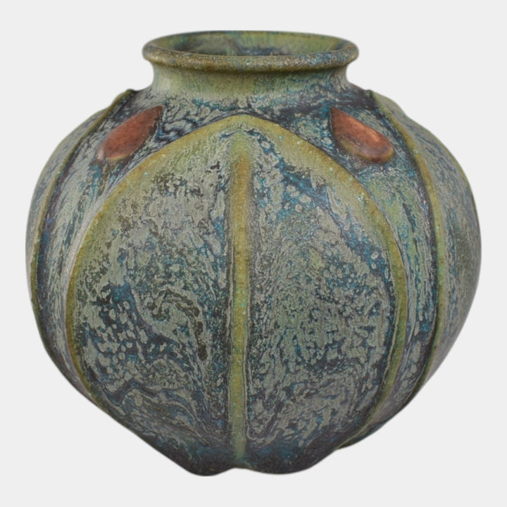 Jemerick Studio Pottery 1999 Arts And Crafts Mottled Green Bulbous Vase