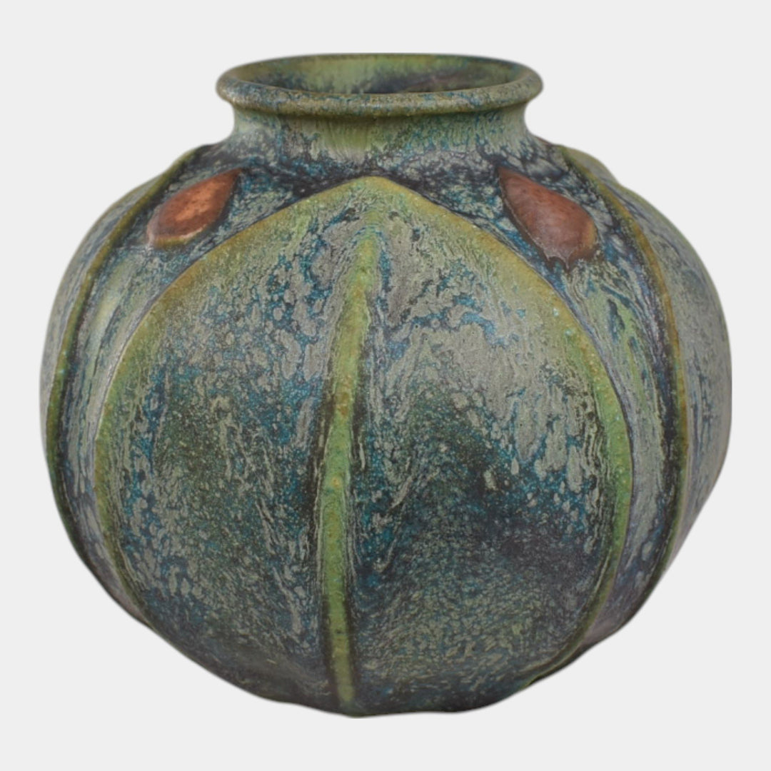 Jemerick Studio Pottery 1999 Arts And Crafts Mottled Green Bulbous Vase