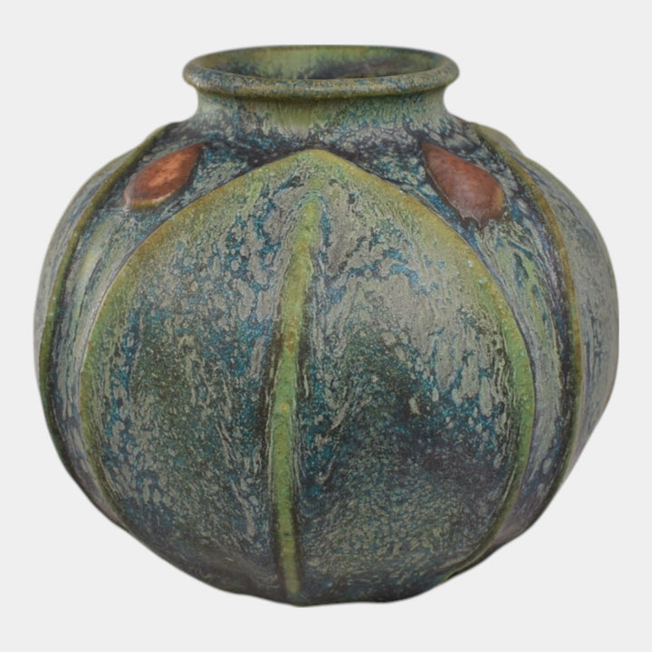 Jemerick Studio Pottery 1999 Arts And Crafts Mottled Green Bulbous Vase
