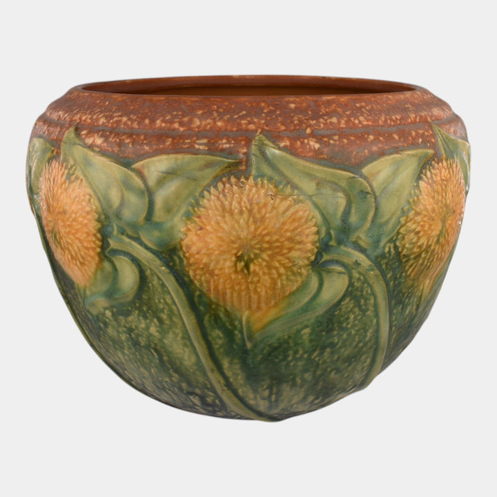 Roseville Sunflower 1930 Arts And Crafts Pottery Brown Jardiniere Planter 619-8