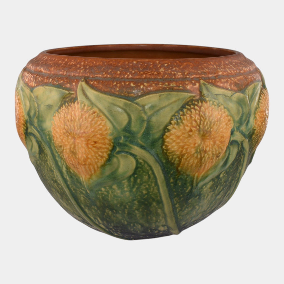 Roseville Sunflower 1930 Arts And Crafts Pottery Brown Jardiniere Planter 619-8