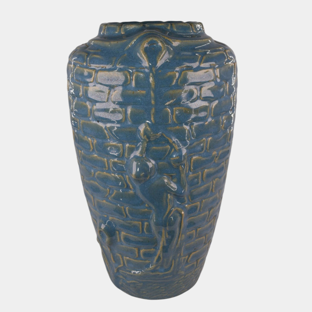 Zanesville Stoneware Pottery Blue Rubble Ware Rebecca at the Well Vase 569