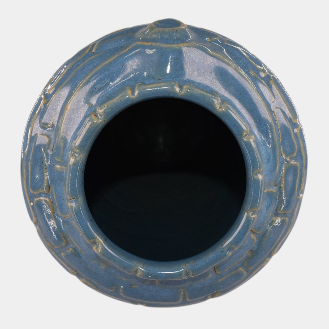 Zanesville Stoneware Pottery Blue Rubble Ware Rebecca at the Well Vase 569