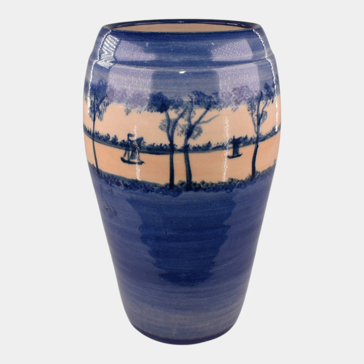 Door Studio Pottery Hand Thrown Blue Scenic Vellum Sailboat Vase