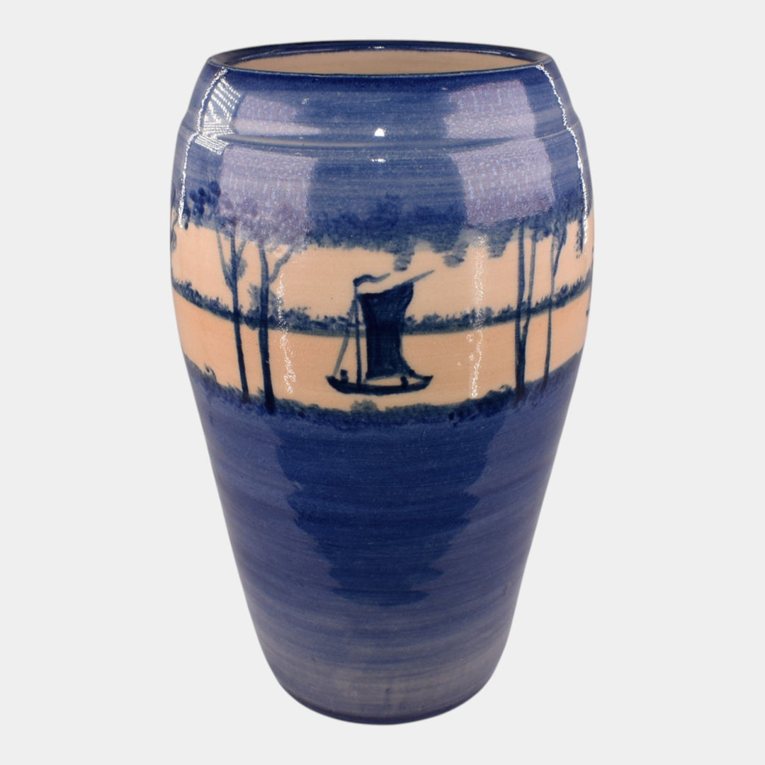 Door Studio Pottery Hand Thrown Blue Scenic Vellum Sailboat Vase