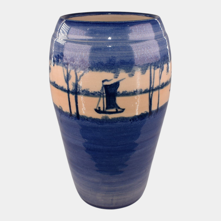 Door Studio Pottery Hand Thrown Blue Scenic Vellum Sailboat Vase