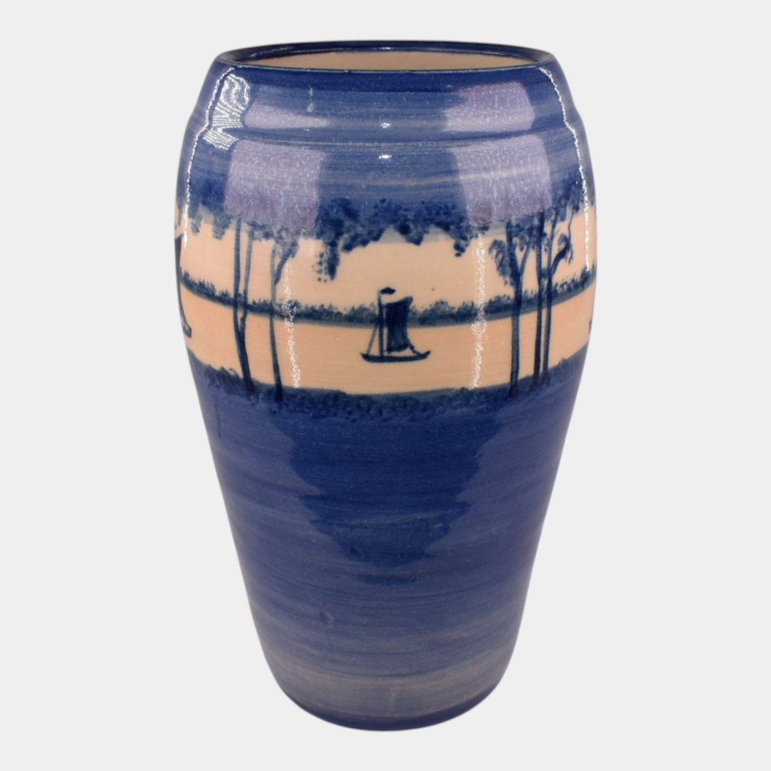Door Studio Pottery Hand Thrown Blue Scenic Vellum Sailboat Vase
