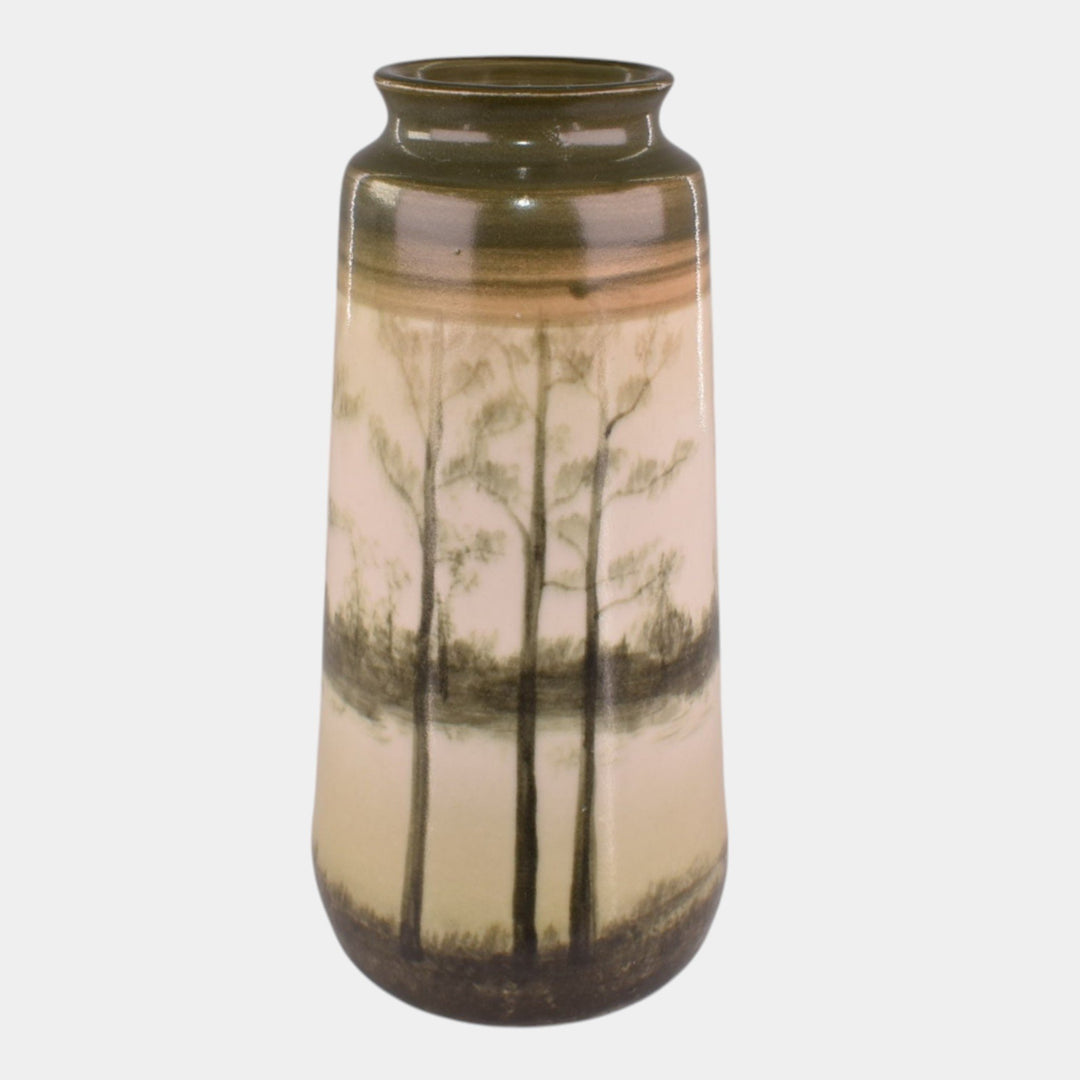 Door Studio Art Pottery 2024 Hand Thrown Green Scenic Vellum Landscape Vase