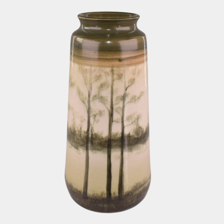 Door Studio Art Pottery 2024 Hand Thrown Green Scenic Vellum Landscape Vase