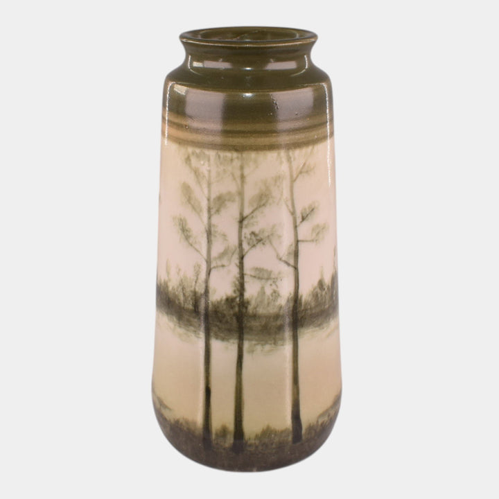 Door Studio Art Pottery 2024 Hand Thrown Green Scenic Vellum Landscape Vase