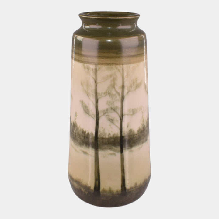 Door Studio Art Pottery 2024 Hand Thrown Green Scenic Vellum Landscape Vase