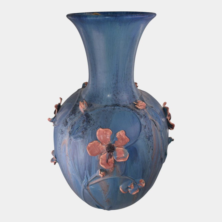 Door Studio Art Pottery 2008 Mottled Blue Applied Floral Floor Vase Ross
