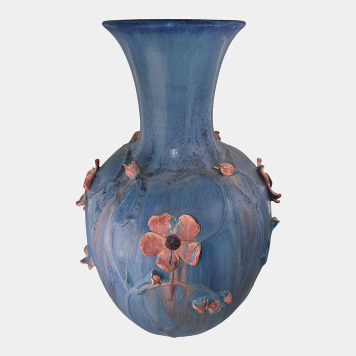 Door Studio Art Pottery 2008 Mottled Blue Applied Floral Floor Vase Ross