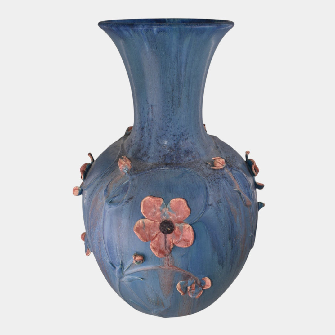 Door Studio Art Pottery 2008 Mottled Blue Applied Floral Floor Vase Ross