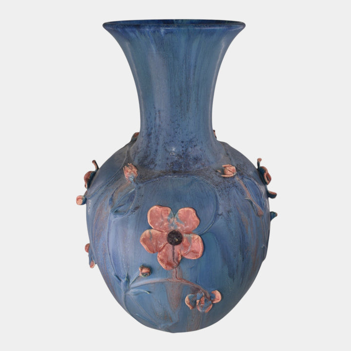 Door Studio Art Pottery 2008 Mottled Blue Applied Floral Floor Vase Ross