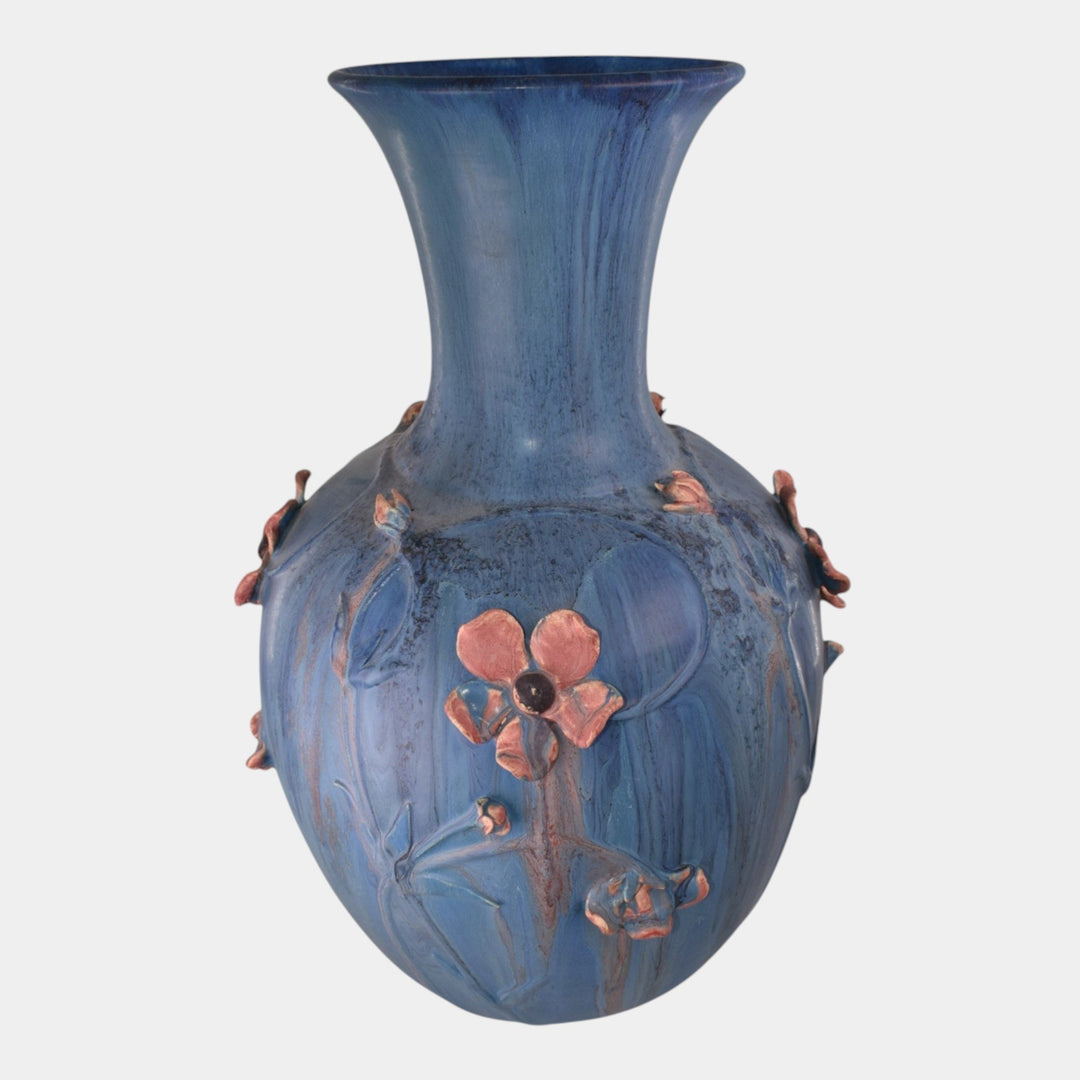 Door Studio Art Pottery 2008 Mottled Blue Applied Floral Floor Vase Ross