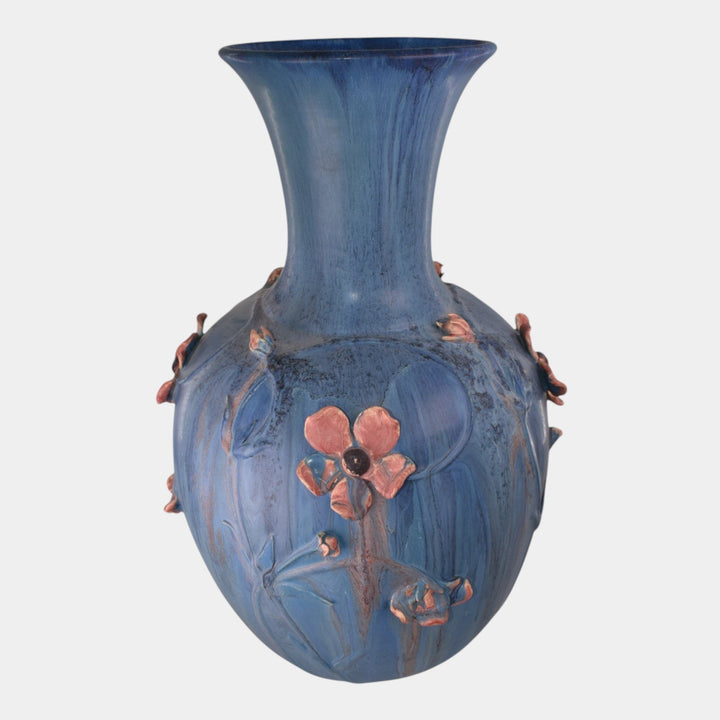 Door Studio Art Pottery 2008 Mottled Blue Applied Floral Floor Vase Ross