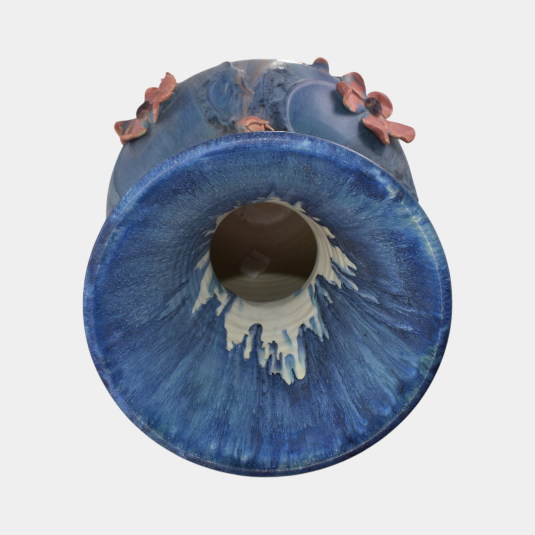 Door Studio Art Pottery 2008 Mottled Blue Applied Floral Floor Vase Ross