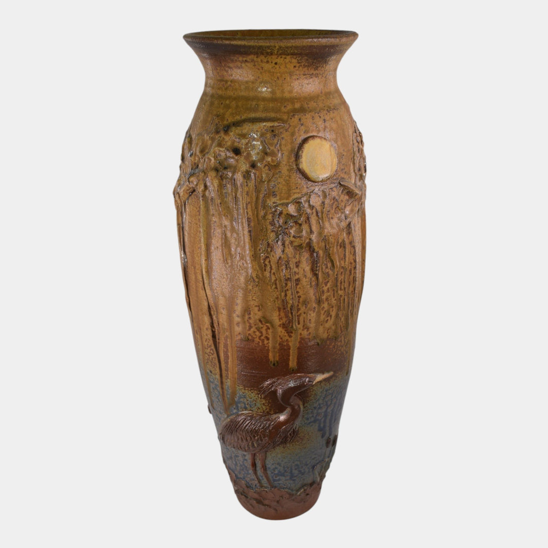 Door Studio Art Pottery Hand Thrown Brown Heron At Night Floor Vase - Just Art Pottery